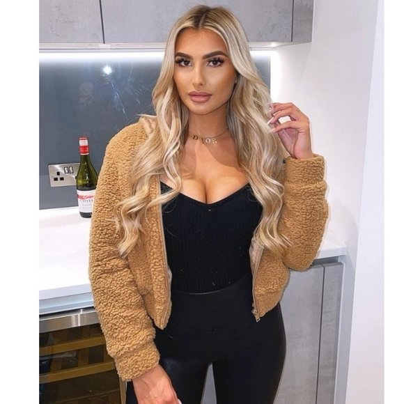 Brown Teddy Bear Fur Long Sleeve Hooded Bomber Jacket - Picture 8 of 9